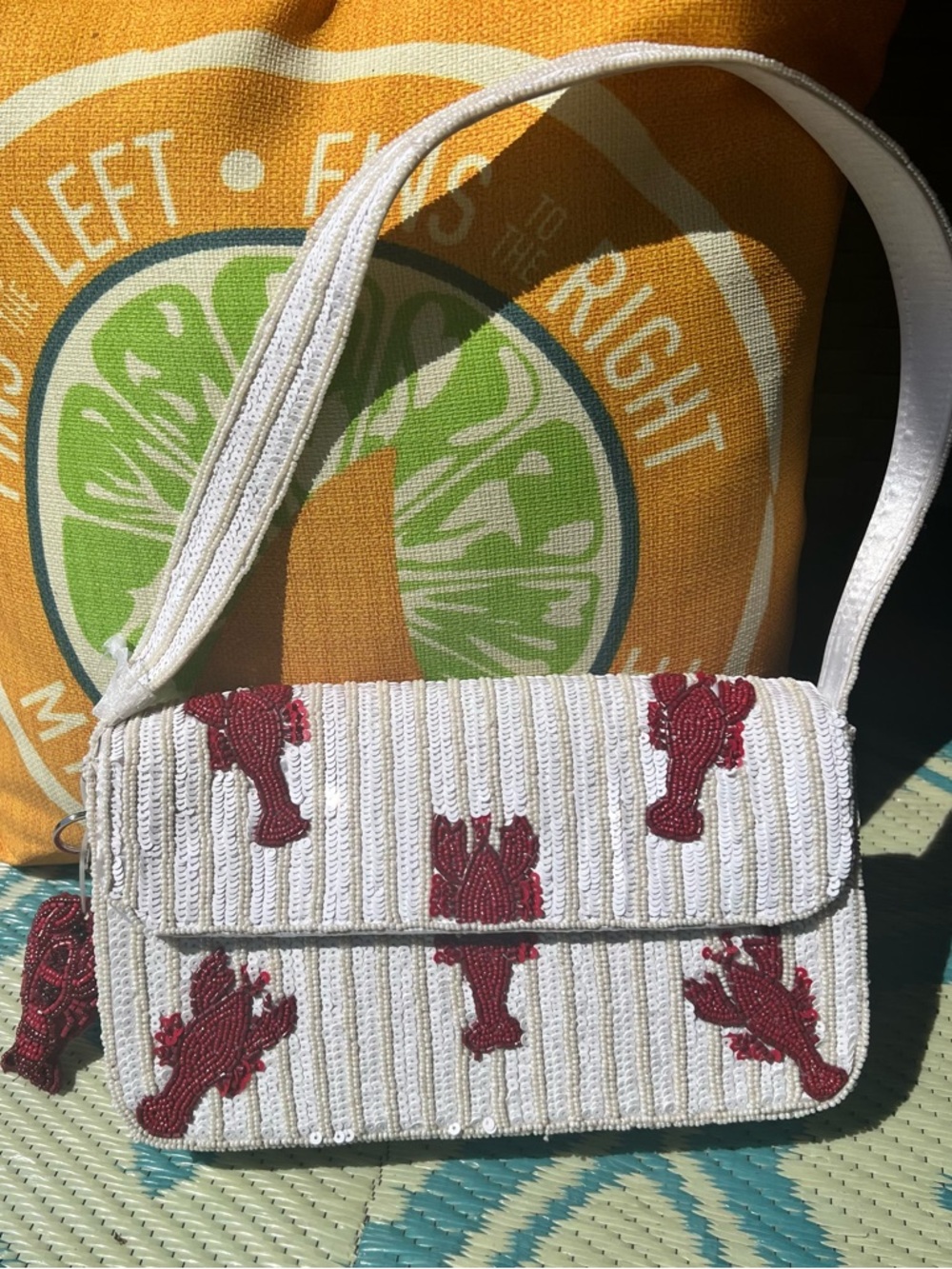 Beaded White Shoulder Bag with Red Lobster